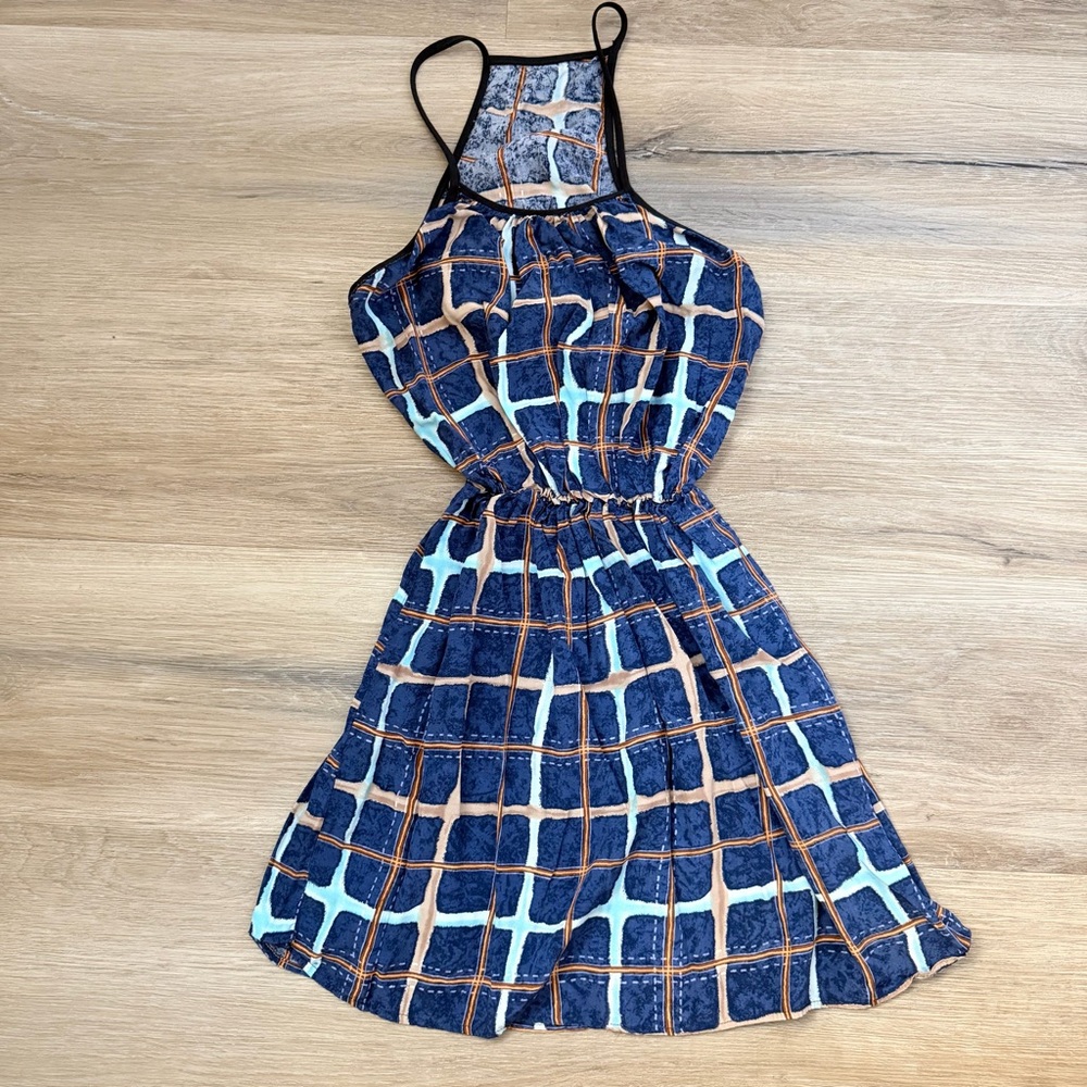 Blue Patterned Halter Mini Dress with Light Blue Grid, Small